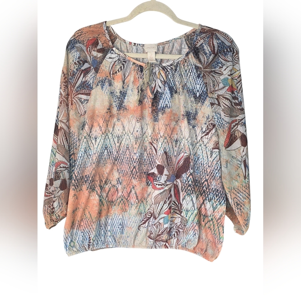 Chico's SZ  Large Boho Floral Abstract Peasant Blouse Lightweight 3/4 Sleeve Top